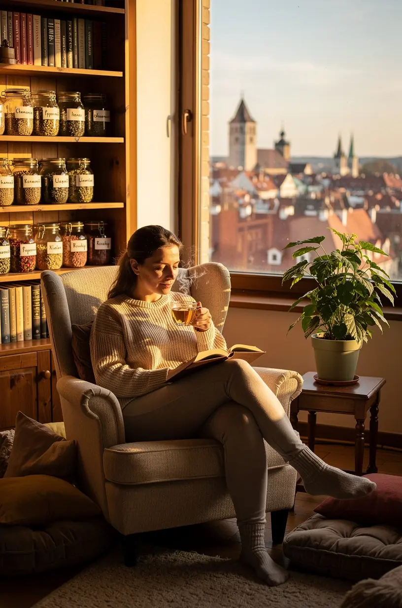 Moteris meditacija su arbatos puodeliu ant stalo, skatinanti gyvenimo pusiausvyrą ir ramybę.